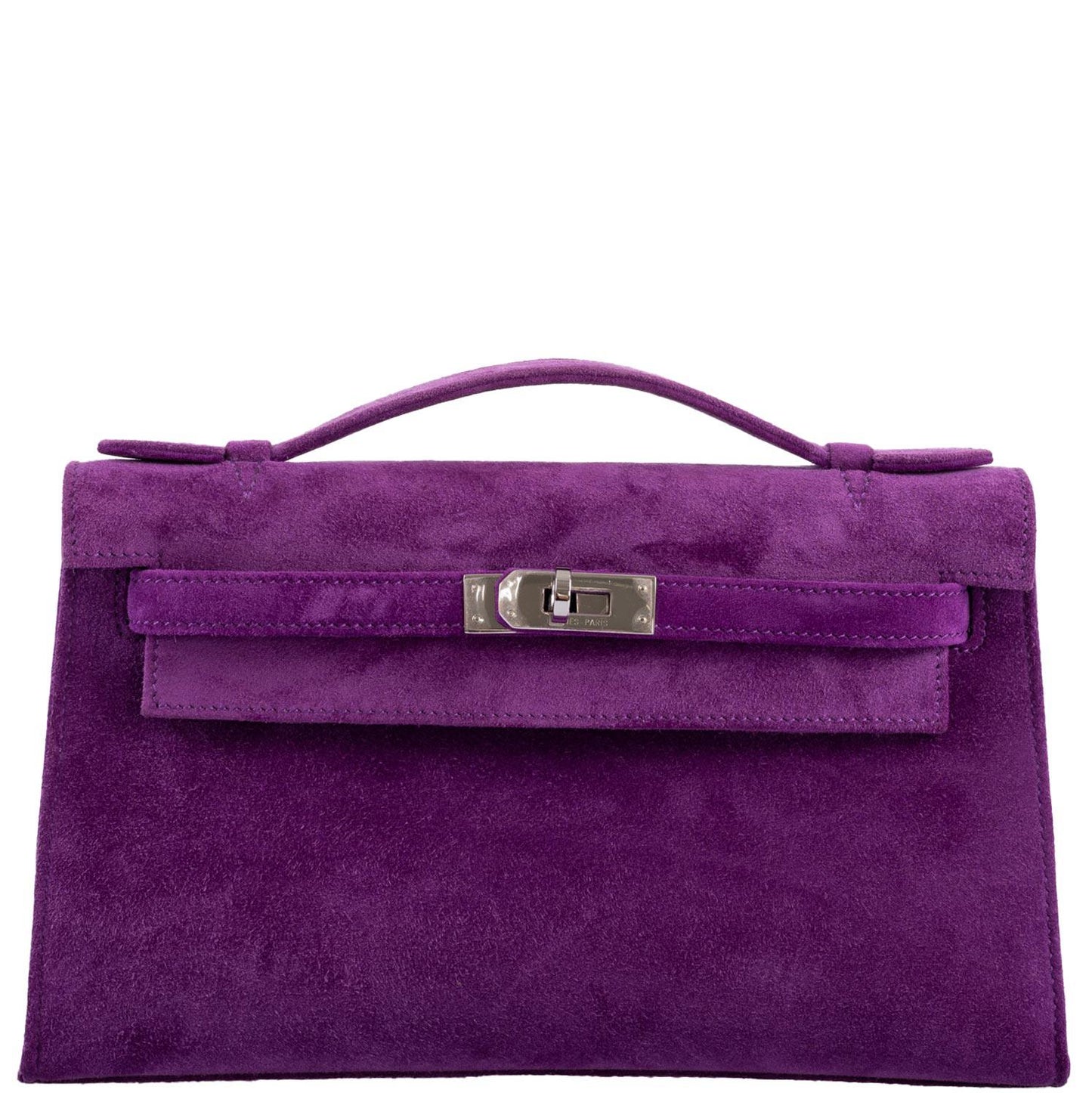 Hermes Kelly Pochette Violet Veau Doblis Suede Palladium Hardware - 2006, J Square
