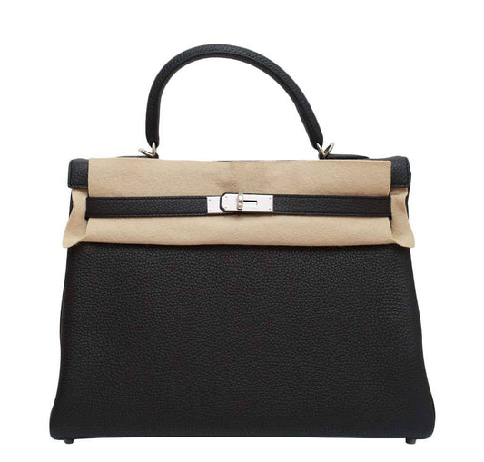 Hermes Kelly Retourne 35 Black Plomb Clemence Leather Palladium Hardware