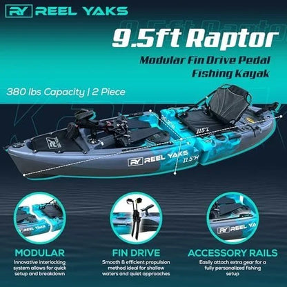 Reel Yaks Raptor Modular Fishing Kayak – 9.5ft Lightweight Sit On Top Kayak for Adults &amp; Youth – Stable &amp; Portable, Ideal Space-Saving Design for Travels – 380lbs Capacity