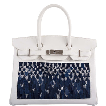 Vintage Hermes Birkin 30 White Epsom Custom Feather Panel