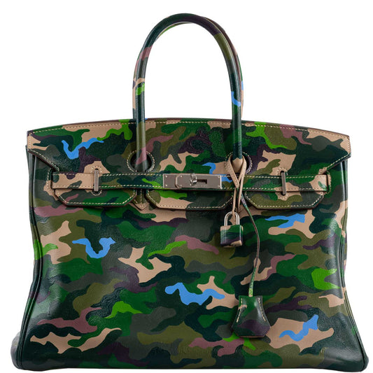 Vintage Hermes Birkin 35 Green Camouflage Swift Palladium